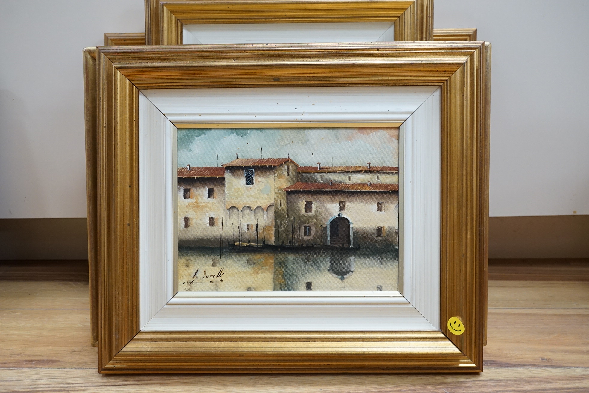 Guido Borelli (Italian, b.1952), set of five oils on board to include ‘Scena Di Villaggio’ and ‘Scorcio Venegiauo’, each signed, some with details verso, largest 17 x 29cm. Condition - fair to good